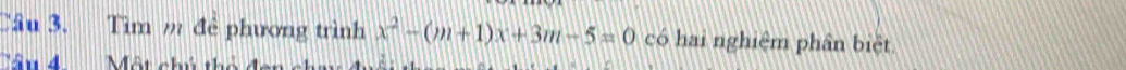 Cầu 3. Tìm m để phương trình x^2-(m+1)x+3m-5=0 có hai nghiệm phần biết 
'âu 4 Một chú