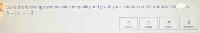 Solve the following absolute value inequality and graph your solution on the number line b=□
5-|x|>-3
UNDO REDO RESET REMOVE