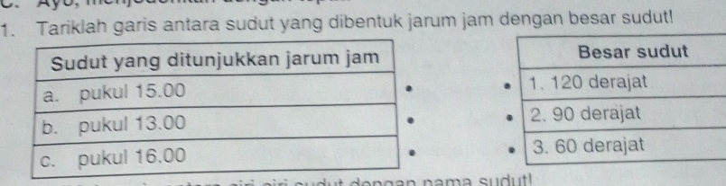 Tariklah garis antara sudut yang dibentuk jarum jam dengan besar sudut!

e n g a n nama sudu t