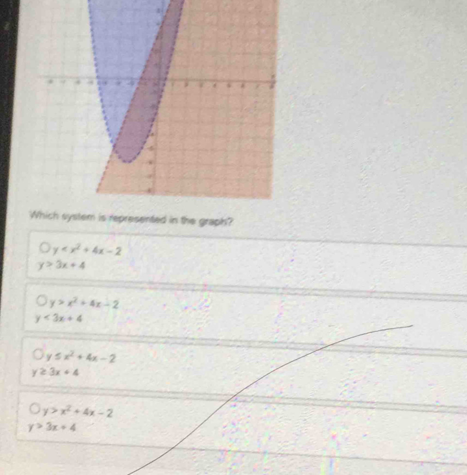 y
y>3x+4
y>x^2+4x-2
y<3x+4
y≤ x^2+4x-2
y≥ 3x+4
y>x^2+4x-2
y>3x+4