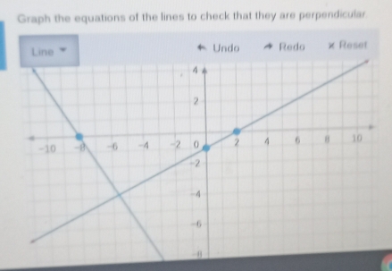 Graph the equations of the lines to check that they are perpendicular. 
Undo Redo × Reset