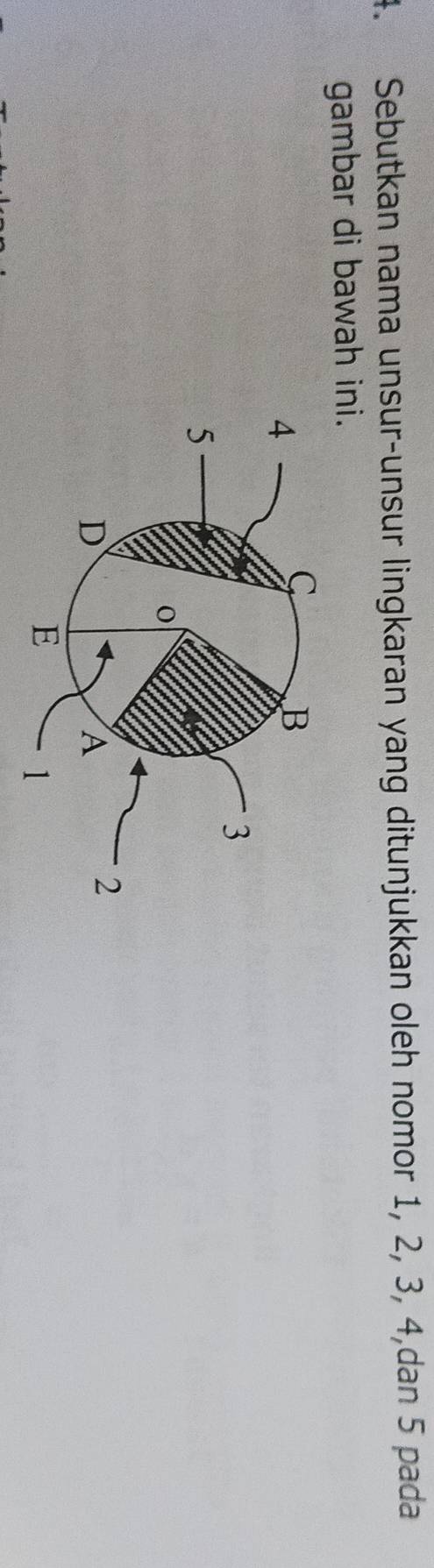 Sebutkan nama unsur-unsur lingkaran yang ditunjukkan oleh nomor 1, 2, 3, 4,dan 5 pada 
gambar di bawah ini.