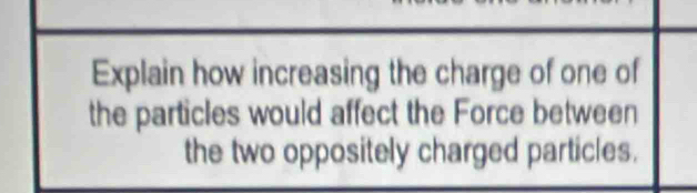 Explain how increasing the charge of one of 
the particles would affect the Force between 
the two oppositely charged particles.