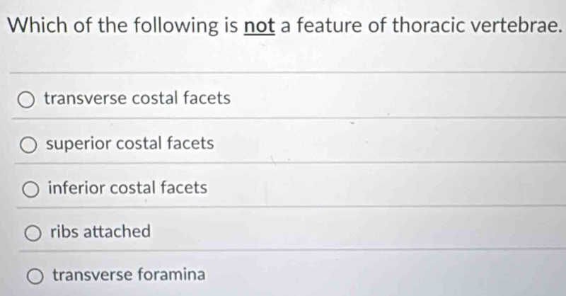 Which of the following is not a feature of thoracic vertebrae.
transverse costal facets
superior costal facets
inferior costal facets
ribs attached
transverse foramina