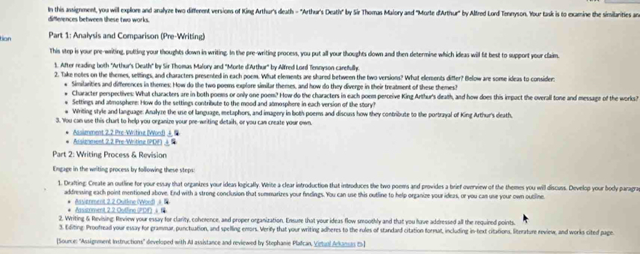 In this assignment, you will explore and analyze two different versions of King Arthur's death - "Arthur's Death" by Sir Thomas Malory and "Morte d'Arthur" by Alfred Lord Tennyson. Your task is to examine the similarities an
differences between these two works.
tian Part 1: Analysis and Comparison (Pre-Writing)
This step is your pre-writing, putting your thoughts down in writing. In the pre-writing process, you put all your thoughts down and then determine which ideas will fit best to support your claim
1. After reading both "Arthur's Death" by Sir Thomas Malory and "Morte d'Arthur by Alfred Lord Tennyson carefully
2. Take notes on the themes, settings, and characters presented in each poem. What elements are shared between the two versions? What elements differ? Below are some ideas to considers
Similarities and differences in themes: How do the two poems explore similar themes, and how do they diverge in their treatment of these themes?
Character perspectives: What characters are in both poems or only one poem? How do the characters in each poem perceive King Arthur's death, and how does this impact the overall tone and message of the works?
Settings and atmosphere: How do the settings contribute to the mood and atmosphere in each version of the story?
Writing style and language: Analyze the use of language, metaphors, and imagery in both poems and discuss how they contribute to the portrayal of King Arthur's death.
3. You can use this chart to help you organize your pre-writing details, or you can create your own.
Assigmment 2.2 Pre-Writing (Word) 4 ：
Assighment 2.2 Pre-Writing (PDF) 4
Part 2: Writing Process & Revision
Engage in the writing process by following these steps:
1. Drafting: Create an outline for your essay that organizes your ideas logically. Write a clear introduction that introduces the two poems and provides a brief overview of the themes you will discuss. Develop your body paragra
addressing each point mentioned above. End with a strong conclusion that summarizes your findings. You can use this outline to help organize your ideas, or you can use your own outline.
* Assienment 2.2 Outline (Word)   P
* Assitnment 2 2 Outline (PDF) ↓ f
2. Writing & Revising: Review your essay for clarity, coherence, and proper organization. Ensure that your ideas flow smoothly and that you have addressed all the required points.
3. Editing: Proofread your essay for grammar, punctuation, and spelling errors. Verify that your writing adheres to the rules of standard citation format, including in-text citations, literature review, and works cited page
[Source: "Assignment Instructions' developed with AI assistance and reviewed by Stephanie Plafcan, Virtual Arkansas 85]