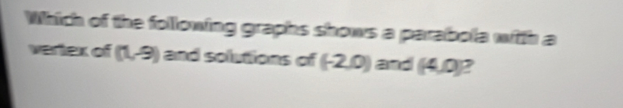 Which of the following graphs shows a parabola with a 
vertex of (1,-9) and solutions of (-2,0) and (4,0) ,
