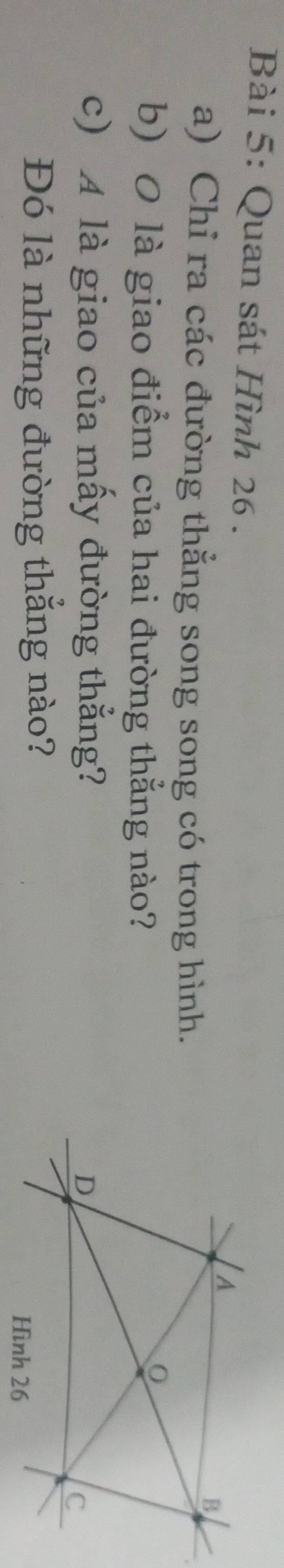Quan sát Hình 26. 
a) Chỉ ra các đường thẳng song song có trong hình. 
b) 0 là giao điểm của hai đường thẳng nào? 
c) A là giao của mấy đường thẳng? 
Đó là những đường thắng nào?