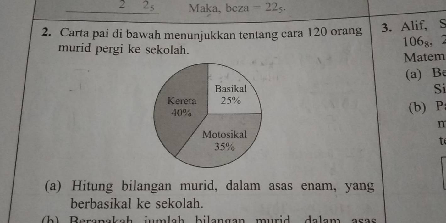 2 j^(J^ Maka, beza =22_5). 
2. Carta pai di bawah menunjukkan tentang cara 120 orang 3. Alif, S 
murid pergi ke sekolah.
106_8, 2
Matem 
(a) Be 
Si 
(b) P : 
n 
t 
(a) Hitung bilangan murid, dalam asas enam, yang 
berbasikal ke sekolah. 
b) Beranakah jumlah bilangan murid dalam asas