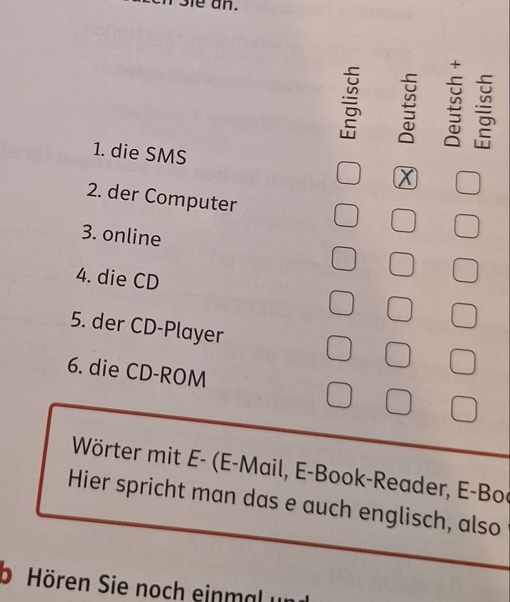 sie an. 


1. die SMS X 
2. der Computer 
3. online 
4. die CD 
5. der CD-Player 
6. die CD-ROM 
Wörter mit E- (E-Mail, E-Book-Reader, E-Boc 
Hier spricht man das e auch englisch, also 
bHören Sie noch einmal ur