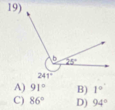 A) 91° B) 1°
C) 86° D) 94°