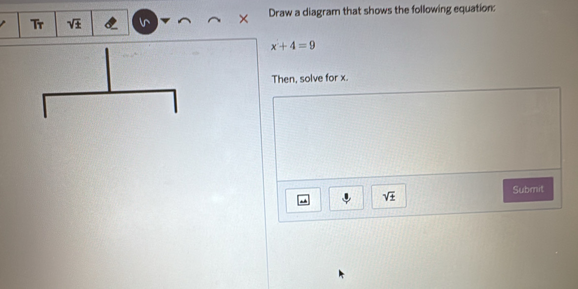 Draw a diagram that shows the following equation: 
Tr sqrt(± )
is
x+4=9
Then, solve for x.
sqrt(± )
Submit