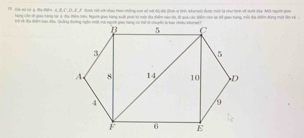 Giá sử có 6 địa điểm A, B, C, D, E, F được nối với nhau theo những con số với độ dài (Đơn vị tính: kilomet) được một tả như hình vẽ dưới đây. Một người giao 
hàng cần đi giao hàng tại 6 địa điểm trên. Người giao hàng xuất phát từ một địa điểm nào đó, đi qua các điểm còn lại đế giao hàng, mỗi địa điểm đúng một lần và