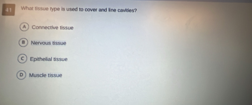 What tissue type is used to cover and line cavities?
AConnective tissue
B Nervous tissue
Epithelial tissue
D Muscle tissue