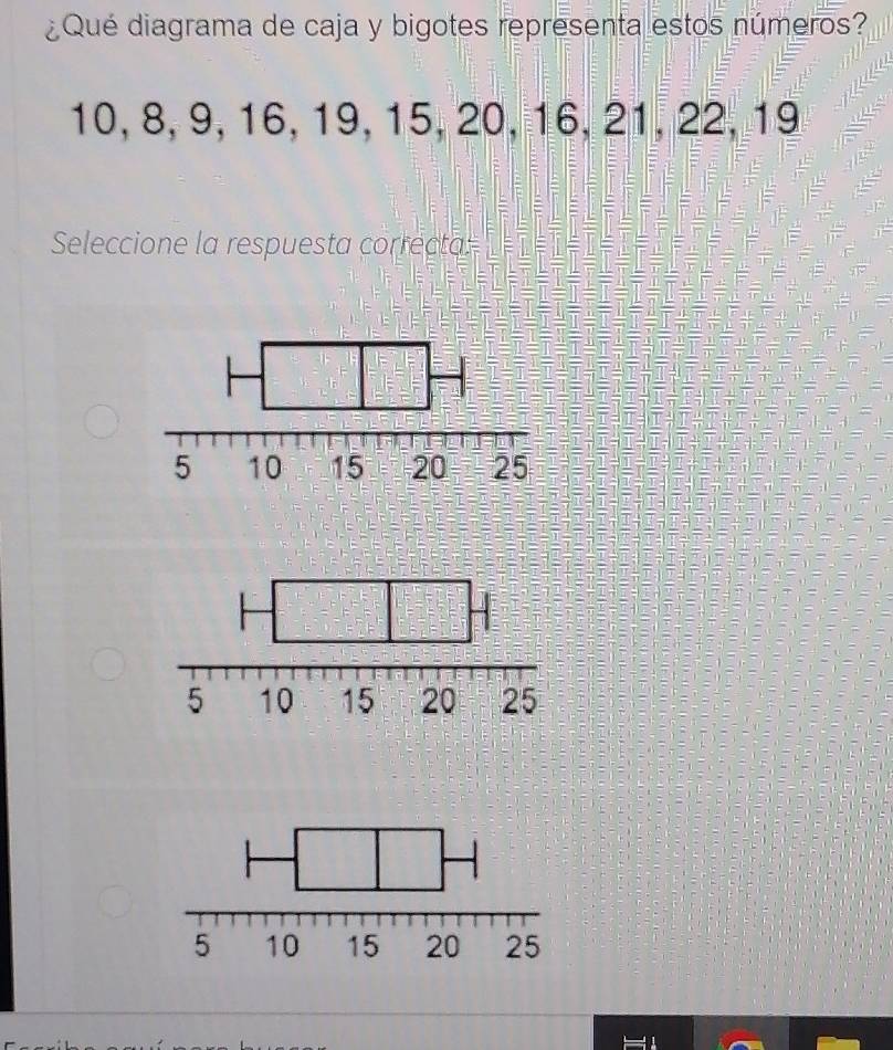 ¿Qué diagrama de caja y bigotes representa estos números?
10, 8, 9, 16, 19, 15, 20, 16, 21, 22, 19
Seleccione la respuesta correcta