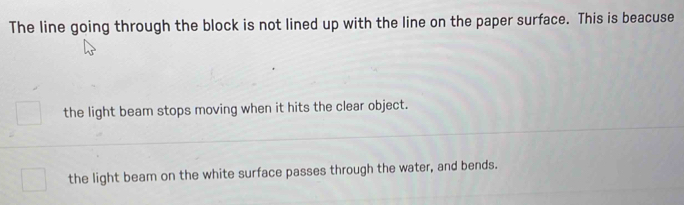 The line going through the block is not lined up with the line on the paper surface. This is beacuse
the light beam stops moving when it hits the clear object.
the light beam on the white surface passes through the water, and bends.