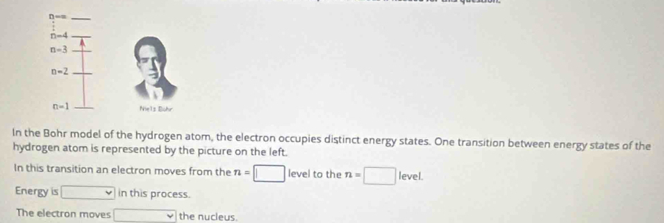 In the Bohr model of the hydrogen atom, the electron occupies distinct energy states. One transition between energy states of the
hydrogen atom is represented by the picture on the left.
In this transition an electron moves from the n=□ level to the n=□ level.
Energy is in this process.
The electron moves the nucleus.