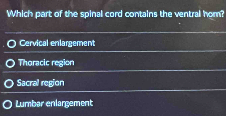 Which part of the spinal cord contains the ventral horn?
Cervical enlargement
Thoracic region
Sacral region
Lumbar enlargement