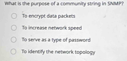 Solved: What is the purpose of a community string in SNMP? To encrypt ...