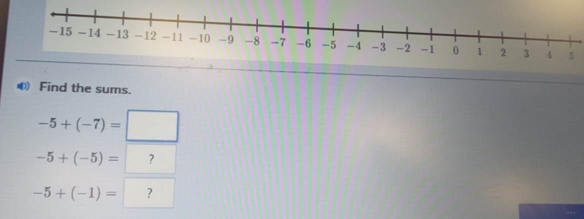 Find the sums.
-5+(-7)=□
-5+(-5)= ?
-5+(-1)= ?