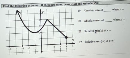 Find the following extrema. If there are none, cross it off and write NONE. 
. Absolute min of _when x=
when x=. Absolute max of_ 
1. Relative min (s) at x=
2. Relative max(es) at x=