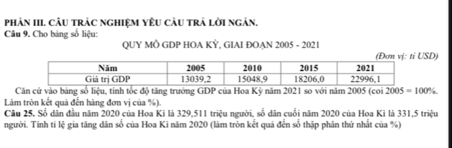 pHÀN III. CÂU TRÁC NGHIỆM YÊU CÂU TRẬ LờI ngÂn. 
Câu 9. Cho bảng số liệu: 
QUY MÔ GDP HOA KỲ, GIAI ĐOAN 2005 - 2021 
SD) 
Căn cứ vào bảng số liệu, tính tốc độ tăng trưởng GDP của Hoa Kỳ năm 2021 so với năm 2005(cot 2005=100%. 
Làm tròn kết quả đến hàng đơn vị của %). 
Câu 25. Số dân đầu năm 2020 của Hoa Kì là 329, 511 triệu người, số dân cuối năm 2020 của Hoa Kỉ là 331, 5 triệu 
người. Tính tỉ lệ gia tăng dân số của Hoa Kì năm 2020 (làm tròn kết quả đến số thập phân thứ nhất của %)