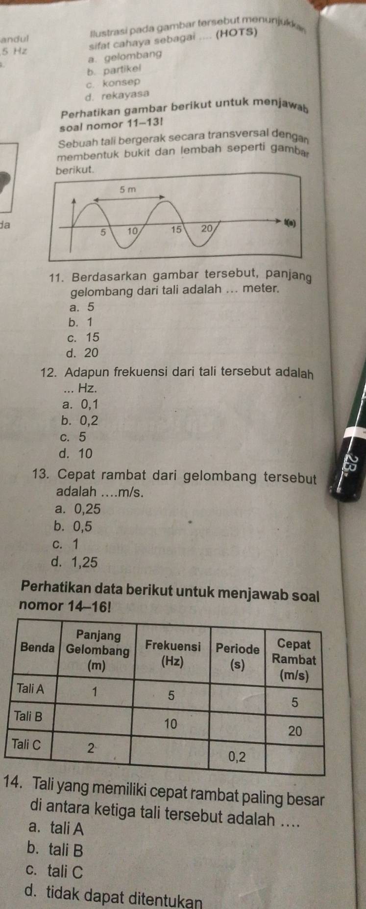 andul llustrasi pada gambar tersebut menurijukkar
sifat cahaya sebagai .... (HOTS)
5 Hz
a. gelombang
b. partikel
c. konsep
d. rekayasa
Perhatikan gambar berikut untuk menjawab
soal nomor 1 1- -13!
Sebuah tali bergerak secara transversal dengan
membentuk bukit dan lembah seperti gamba
berikut.
da
11. Berdasarkan gambar tersebut, panjang
gelombang dari tali adalah ... meter.
a. 5
b. 1
c. 15
d. 20
12. Adapun frekuensi dari tali tersebut adalah
... Hz.
a. 0,1
b. 0,2
c. 5
d. 10
13. Cepat rambat dari gelombang tersebut
adalah .... m/s.
a. 0,25
b. 0,5
c. 1
d. 1,25
Perhatikan data berikut untuk menjawab soal
nomor 14-16!
14. Tali yang memiliki cepat rambat paling besar
di antara ketiga tali tersebut adalah ....
a、 tali A
b. tali B
c. tali C
d. tidak dapat ditentukan