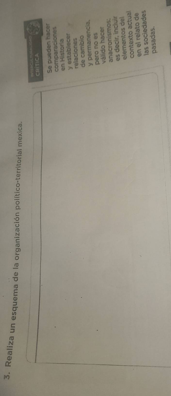 Realiza un esquema de la organización político-territorial mexica. 
INTERCULTURALIDAD 
CRÍTICA 
Se pueden hacer 
comparaciones 
en Historia 
y establecer 
relaciones 
de cambio 
y permanencia, 
pero no es 
válido hacer 
anacronismos; 
es decir, incluir 
elementos del 
contexto actual 
en el relato de 
las sociedades 
pasadas.