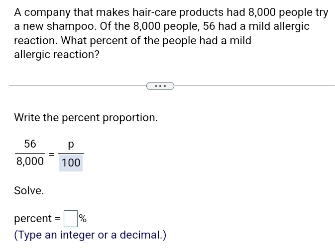 A company that makes hair-care products had 8,000 people try 
a new shampoo. Of the 8,000 people, 56 had a mild allergic 
reaction. What percent of the people had a mild 
allergic reaction? 
Write the percent proportion.
 56/8,000 = p/100 
Solve. 
percent =□ %
(Type an integer or a decimal.)