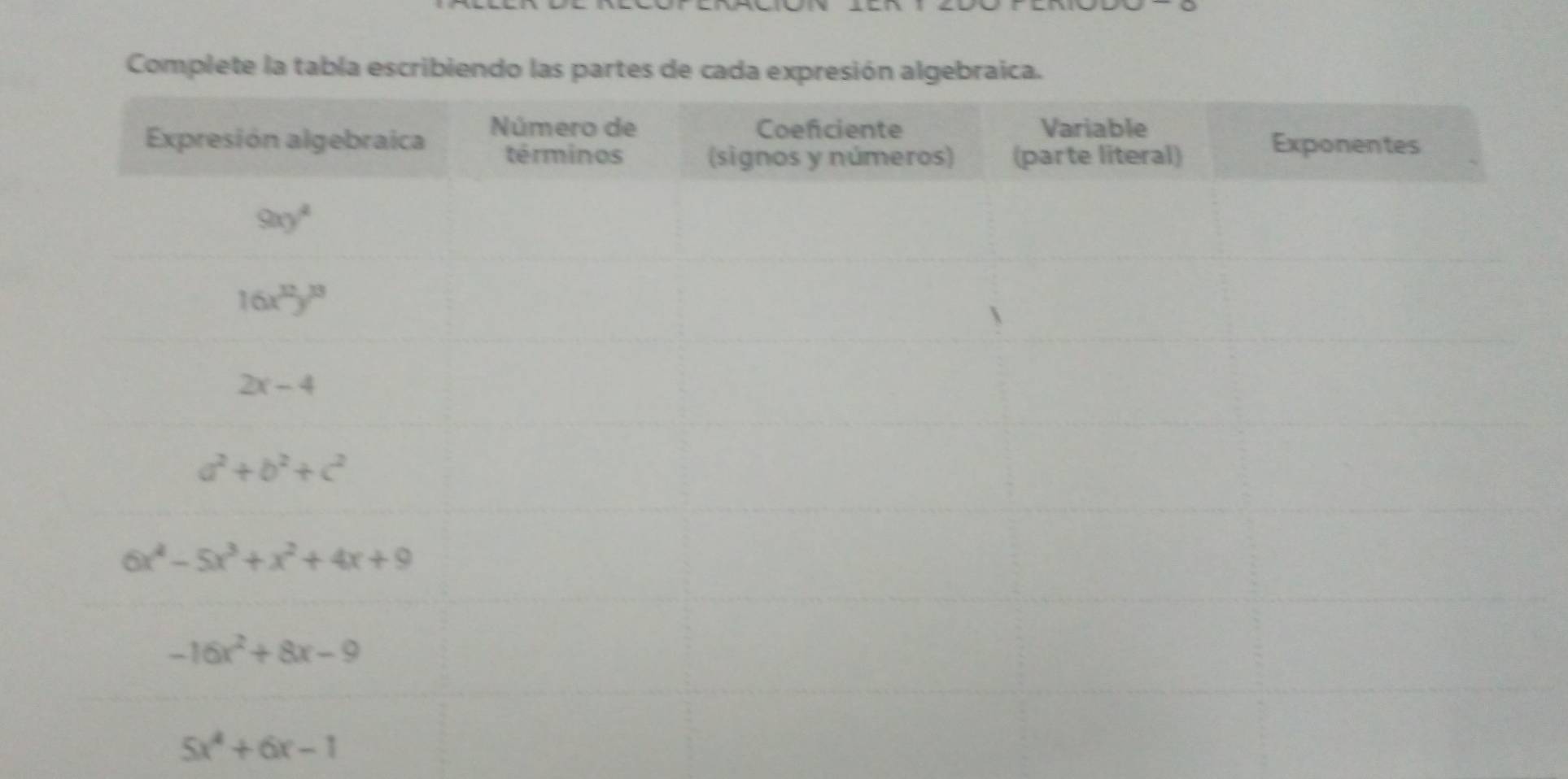 Complete la tabla escrib
5x^4+6x-1