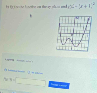 let f(x) be the function on the xy plane and g(x)=(x+1)^2
Answer  Atteept a out of a
Additions Solution No Salution
f(g(1))=□ Suhmit Answer