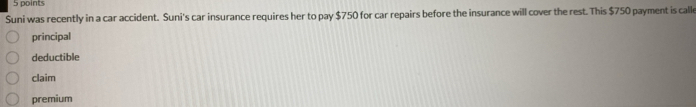 Suni was recently in a car accident. Suni's car insurance requires her to pay $750 for car repairs before the insurance will cover the rest. This $750 payment is calle
principal
deductible
claim
premium