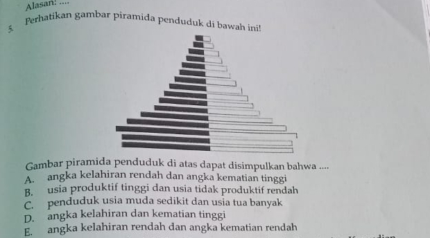 Alasan: ....
Perhatikan gambar piramida penduduk di bawah ini!
5
Gambar piramida penduduk di atas dapat disimpulkan bahwa ....
A. angka kelahiran rendah dan angka kematian tinggi
B. usia produktif tinggi dan usia tidak produktif rendah
C. penduduk usia muda sedikit dan usia tua banyak
D. angka kelahiran dan kematian tinggi
E. angka kelahiran rendah dan angka kematian rendah