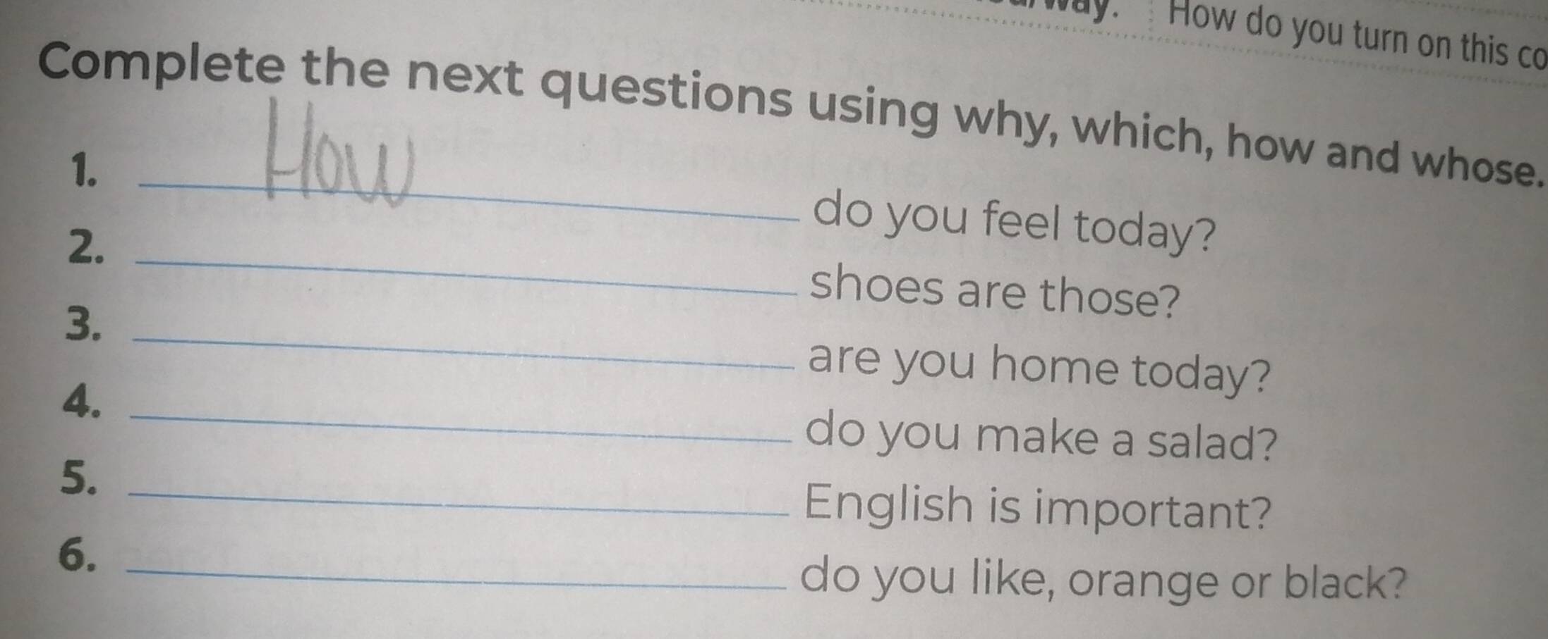 ay. How do you turn on this co 
Complete the next questions using why, which, how and whose. 
1._ 
do you feel today? 
2._ 
shoes are those? 
3._ 
are you home today? 
4._ 
do you make a salad? 
5._ 
English is important? 
6._ 
do you like, orange or black?