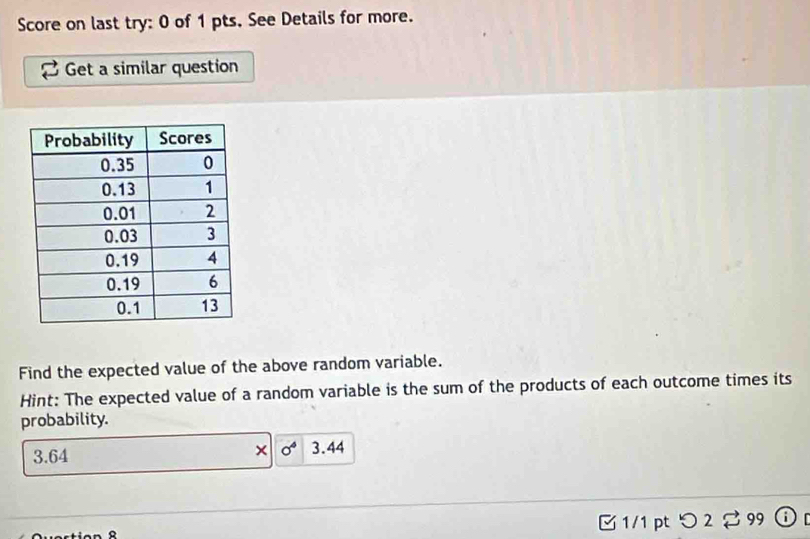 Score on last try: 0 of 1 pts. See Details for more.
Get a similar question
Find the expected value of the above random variable.
Hint: The expected value of a random variable is the sum of the products of each outcome times its
probability.
0^4
3.64 3.44
1/1 pt つ 2 c 3 99 i)