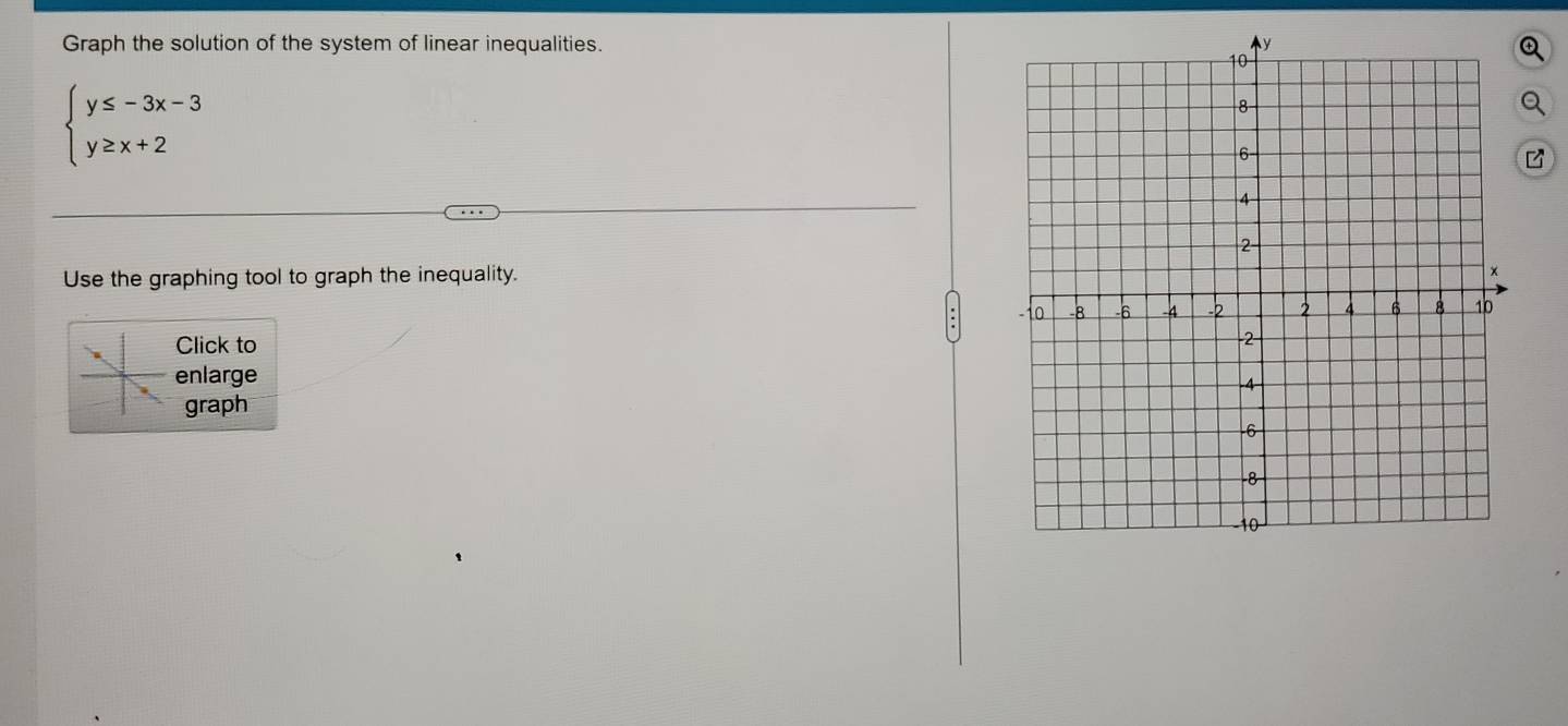 Graph the solution of the system of linear inequalities.
beginarrayl y≤ -3x-3 y≥ x+2endarray.
Use the graphing tool to graph the inequality. 
Click to 
enlarge 
graph