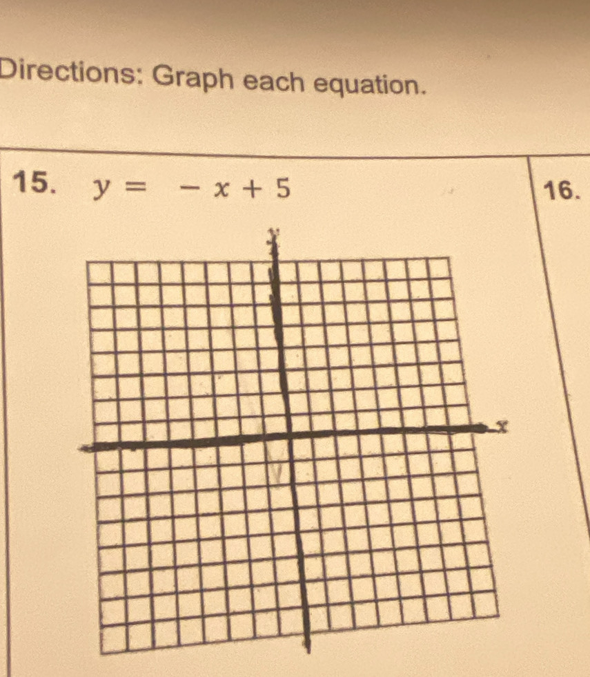 Directions: Graph each equation. 
15. y=-x+5
16.