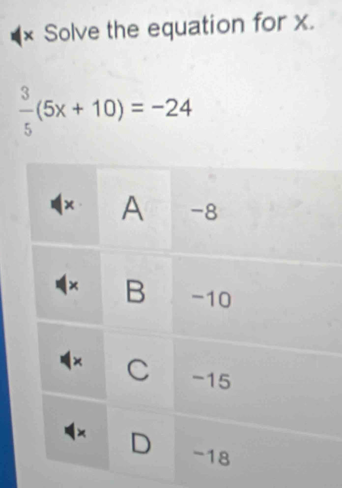 × Solve the equation for x.
 3/5 (5x+10)=-24