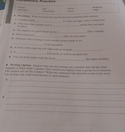 Cabulary Practice 
cunningly valiant 
fledgling 
consolation gair revive 
cowet singe 
A. Directions: Write the word from the list that best completes each sentence. 
1. A puppy might 
_if it hears an angry voice or loud noise. 
2. After they faint, people need to _before they can stand 
up again. 
3. The support of a good friend can be a_ 
after a tragedy. 
4. Most heroes are 
_: they are very brave. 
5. Someone who is trying to trick another person needs to act 
_ 
to be successful. 
6. A horse with a hurt leg will walk with an irregular_ 
7. A _will not fly as well as an adult bird. 
8. You can make paper look old if you _the edges carefully. 
B. Writing Option: Imagine that you are looking out a window and can see what 
happens in Rikki-tikki’s garden. How would you explain what is going on to someone 
who cannot see out the window? Write two sentences that describe events in the story. 
Use at least one word from the box in each sentence. 
1._ 
_ 
_ 
2._ 
_ 
_