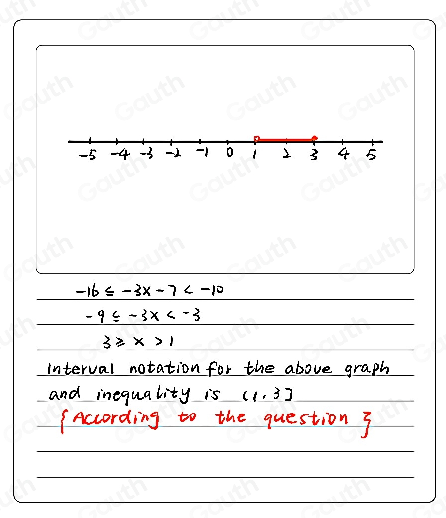 -16≤ -3x-7
-9≤slant -3x
3≥slant x>1
interval notation for the above graph 
and inequality is (1,3]
(According to the question 3