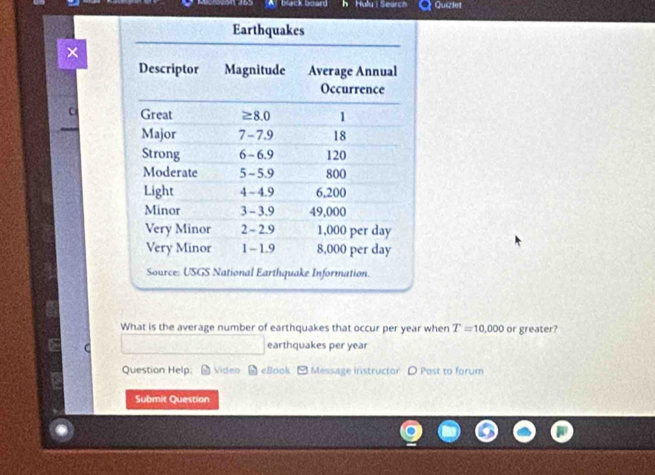 black board h Hulu  Search Quizlet
×
What is the average number of earthquakes that occur per year when T=10,000 or greater?
earthquakes per year
Question Help; L Viden . - eBook - Message instructor D Post to forum
Submit Question