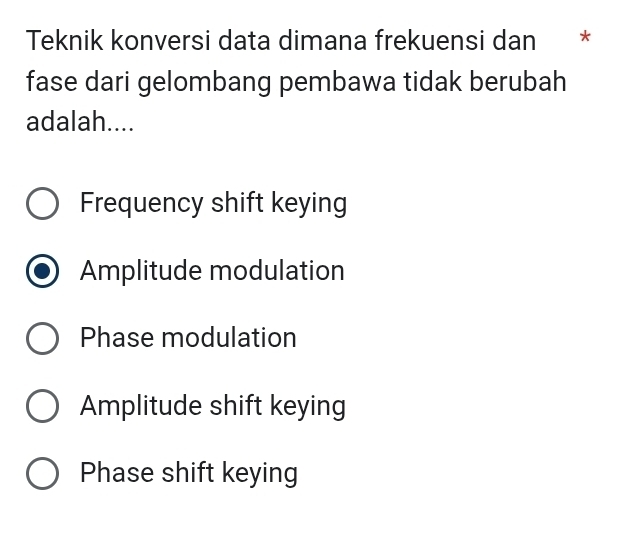 Teknik konversi data dimana frekuensi dan *
fase dari gelombang pembawa tidak berubah
adalah....
Frequency shift keying
Amplitude modulation
Phase modulation
Amplitude shift keying
Phase shift keying