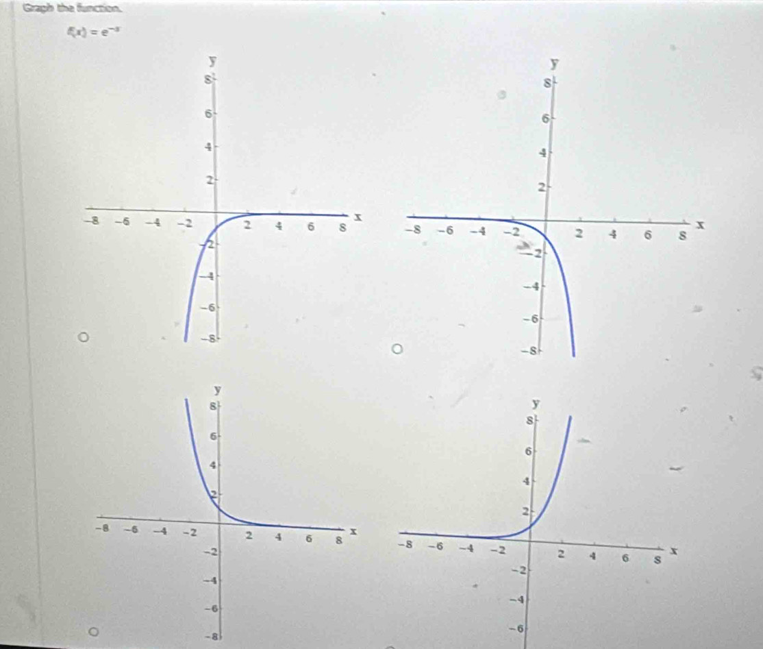 Graph the function.
f(x)=e^(-3)

1
-8