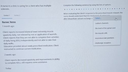 A nurse in a clinic is caring for a client who has multiple Complete the following sentence by using the lists of options. 
sclerosis. 
When evaluating the client's response to the prescribed muscle relaxant, the 
Exhibit 1 Exhibit nurse should understand that the mech - 
Nurses' Notes alter intracellular calcium exchange = Select. 
sodium channels
1 month ago: 
Chient reports increased bilateral lower extremity muscle the level of the spinal cord 
spasticity daily, not relieved by rest or application of warmth. the muscle cells 
Client reports that they are not able to complete their activities neuromuscular junctions 
of daily living (ADL) independently and not able to take their 
daily walks. 
Education provided about newly prescribed medication. Client cholinergic receptors 
instructed to continue current medication.
2 weeks ago: 
Client reports decreased spasticity and improvements in ability 
to complete ADLs, still requires some assistance. 
Today: