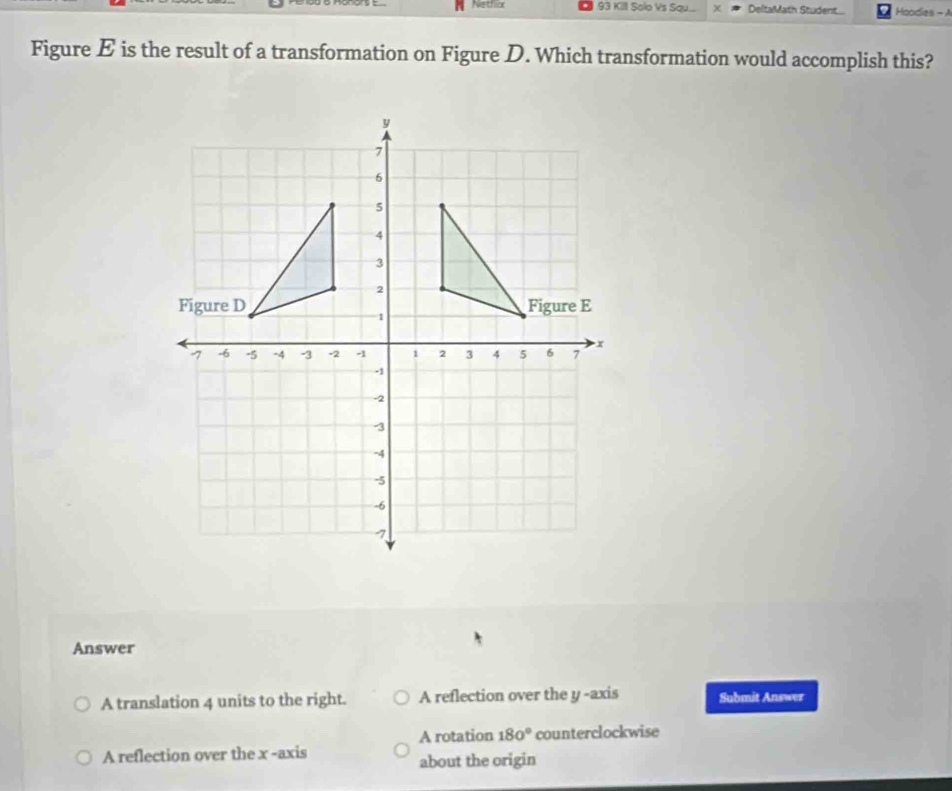 Netflor 93 Kill Solo Vs Squ. DeltaMath Student... Hoodies - A
Figure E is the result of a transformation on Figure D. Which transformation would accomplish this?
Answer
A translation 4 units to the right. A reflection over the y -axis Submit Answer
A rotation 180° counterclockwise
A reflection over the x -axis
about the origin