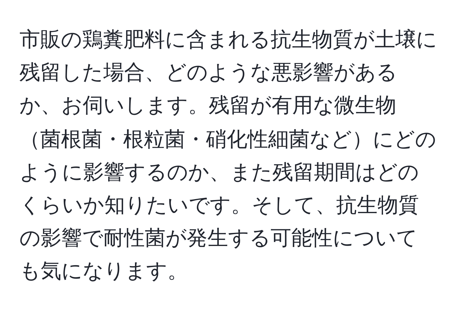 市販の鶏糞肥料に含まれる抗生物質が土壌に残留した場合、どのような悪影響があるか、お伺いします。残留が有用な微生物菌根菌・根粒菌・硝化性細菌などにどのように影響するのか、また残留期間はどのくらいか知りたいです。そして、抗生物質の影響で耐性菌が発生する可能性についても気になります。