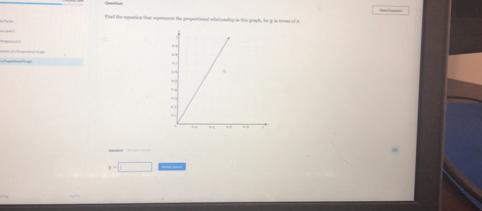 Qucstion Show Exampies
Find the equation that represents the proportional relationship in this graph, for y in terms of z.
htam 1 l
o a fgo a ad

Anowet
y=□