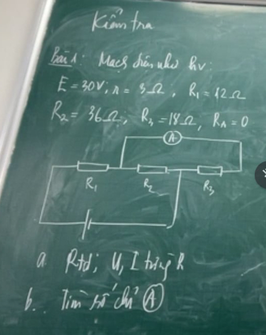 Kian tha
Bai1 Macs dhiā, who Rv
E=30V;R=3Omega ,R_1=12Omega
R_2=36Omega ,R_3=18Omega ,R_A=0
a Rd; U, Itriyp
b. lim 1N^-du^(^2) A