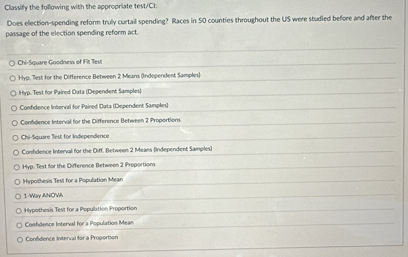 Classify the following with the appropriate test/CI:
Does election-spending reform truly curtail spending? Races in 50 counties throughout the US were studied before and after the
passage of the election spending reform act.
Chi-Square Goodness of Fit Test
Hyp. Test for the Difference Between 2 Means (Independent Samples)
Hyp. Test for Paired Data (Dependent Samples)
Confidence Interval for Paired Data (Dependent Samples)
Confidence Interval for the Difference Between 2 Proportions
Chi-Square Test for Independence
Confidence Interval for the Diff. Between 2 Means (Independent Samples)
Hyp. Test for the Difference Between 2 Proportions
Hypothesis Test for a Population Mean
1-Way ANOVA
Hypothesis Test for a Population Proportion
Confidence Interval for a Population Mean
Confidence Interval for a Proportion