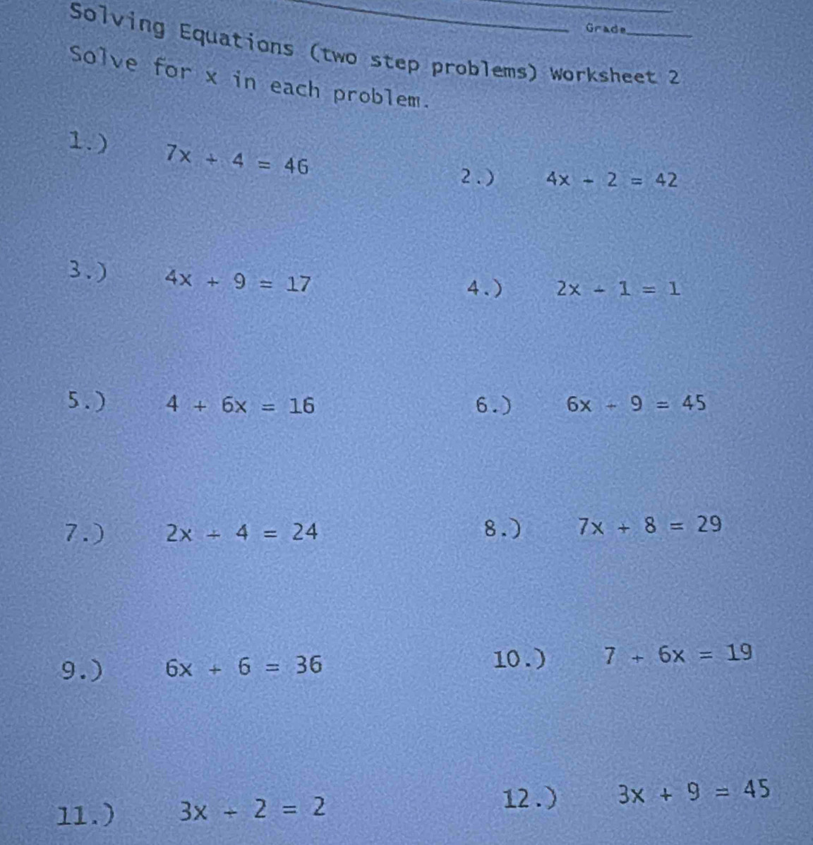 Solved: Grade Solving Equations (two step problems) worksheet 2 Solve ...