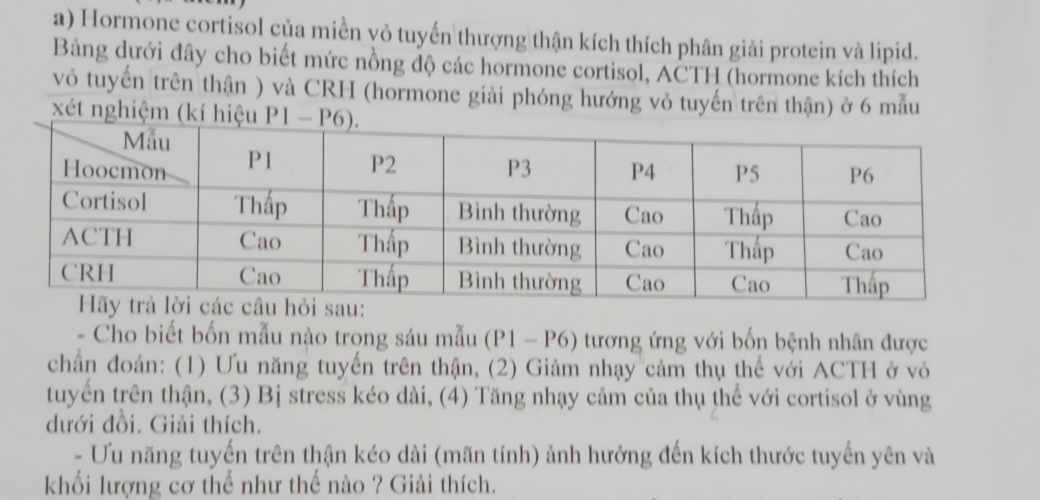 Hormone cortisol của miền vỏ tuyến thượng thận kích thích phân giải protein và lipid. 
Bảng dưới đây cho biết mức nồng độ các hormone cortisol, ACTH (hormone kích thích 
vỏ tuyến trên thận ) và CRH (hormone giải phóng hướng vỏ tuyến trên thận) ở 6 mẫu 
xét nghiệm (kí 
- Cho biết bốn mẫu nào trọng sáu mẫu (P1 - P6) tương ứng với bốn bệnh nhân được 
chẩn đoán: (1) Ưu năng tuyến trên thận, (2) Giảm nhạy cảm thụ thể với ACTH ở vỏ 
tuyến trên thận, (3) Bị stress kéo dài, (4) Tăng nhạy cảm của thụ thể với cortisol ở vùng 
dưới đồi. Giải thích. 
- Ưu năng tuyến trên thận kéo dài (mãn tính) ảnh hưởng đến kích thước tuyến yên và 
khối lượng cơ thể như thế nào ? Giải thích.